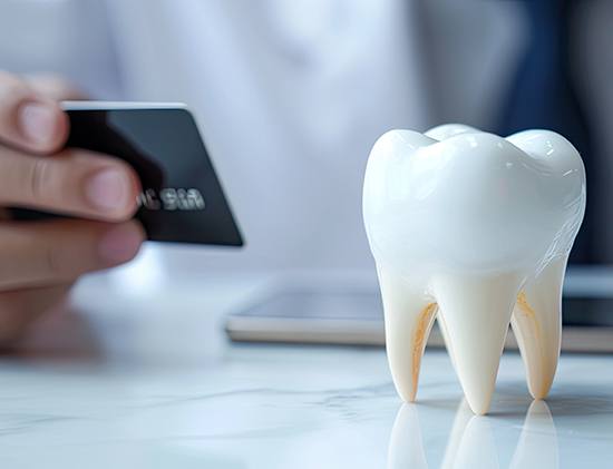 Closeup of a hand holding a credit card next to a large model tooth