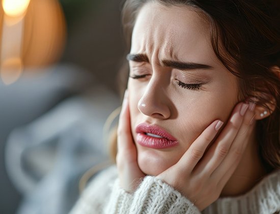 Woman with brown hair squinting in pain holding both hands to face