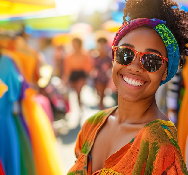 Woman smiling while shopping for clothes outside